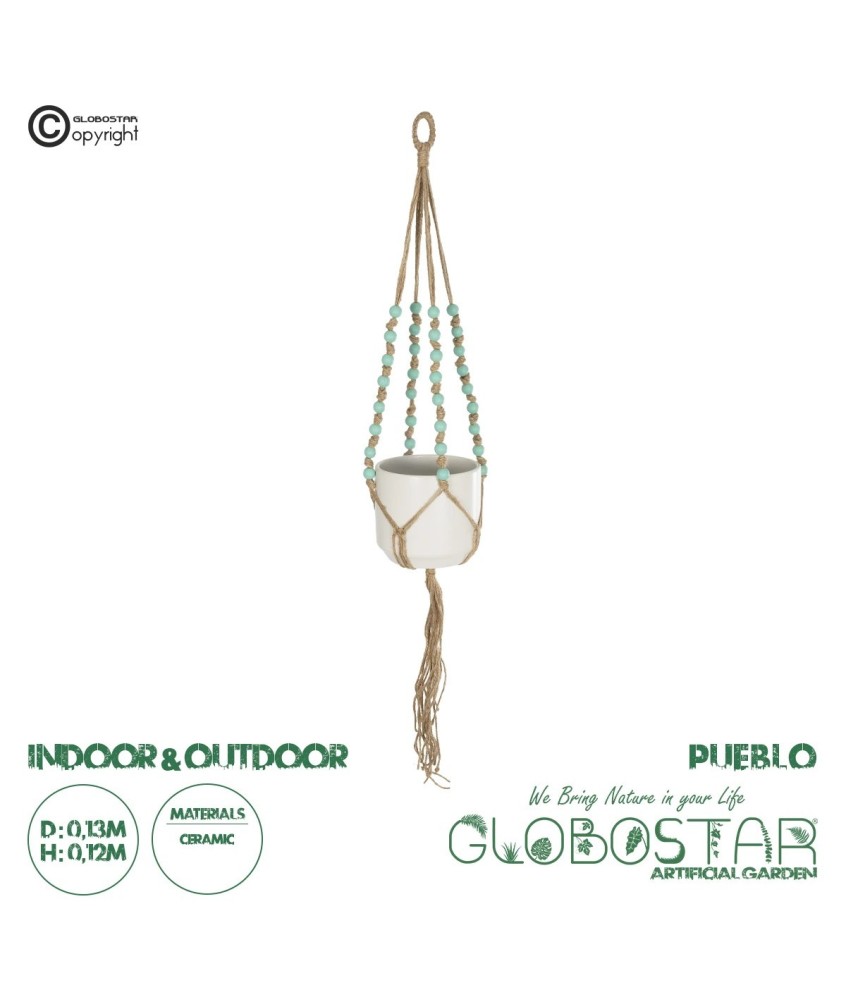 GloboStar® Artificial Garden PUEBLO 20532 Διακοσμητική Κεραμική Γλάστρα Λευκή με Μακραμέ Μ13 x Π13 x Υ12 cm
